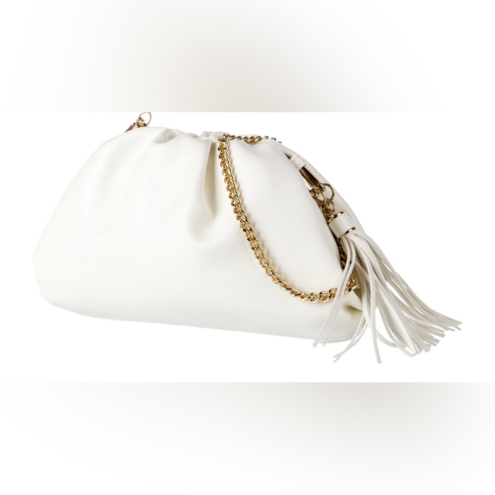 Elegant White Leather Tassel Clutch with Gold Chain